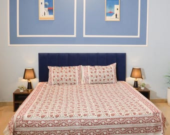 Authentic Hand Block Print Cottton Flat Bedsheet With Pillow Covers, King/Queen Size Bedding