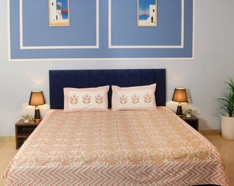 Handbedrukt katoenen hoeslaken uit Rajasthan, handgemaakte sprei voor kingsize/queensize bed met bijpassend kussen.