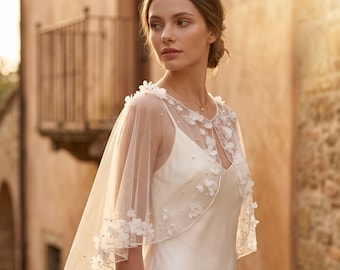 Pearl & 3D Flower Bridal Capelet, Sheer Tulle Wedding Shrug, Ethereal Bridal Bolero, Boho Wedding Dress Cover Up, Floral Tulle Wrap
