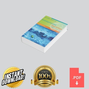 Peut inclure: Un manuel intitulé Developmental Psychology: Childhood & Adolescence, Ninth Edition, avec une couverture montrant une personne nageant dans l'eau bleue. En dessous se trouvent un badge de téléchargement instantané, un badge de satisfaction et une icône PDF.