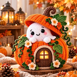 Può includere: Una casa a forma di zucca arancione all'uncinetto con una porta marrone e un fantasma bianco che spunta dal coperchio. La zucca è decorata con foglie, viticci e piccoli fiori bianchi e arancioni all'uncinetto, con una luce calda interna.
