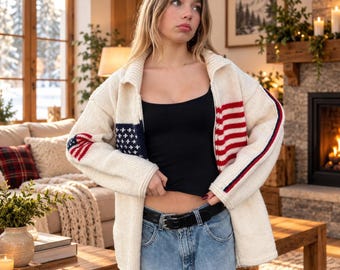 Women's American Flag Cardigan, Patriotic Zip Up Sweater, Vintage style,Casual Winter Top