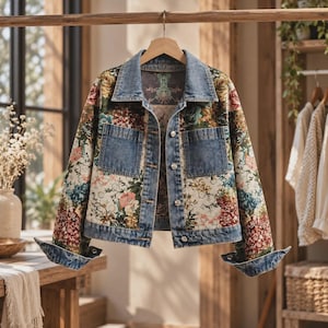 May include: A denim jacket featuring a multi-colored floral tapestry pattern on the body and sleeves. The jacket includes a classic collar, long sleeves with buttoned cuffs, two chest pockets, and a front button closure with metallic buttons.