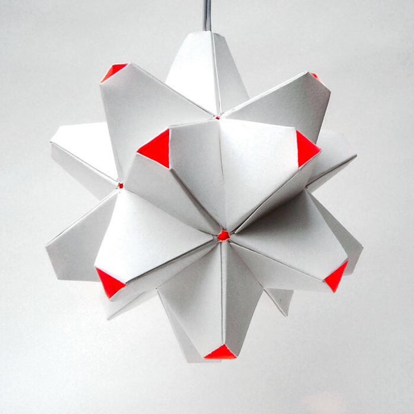 Paper Origami Lamp. White and Orange. 60 sides. (Polyhedra Luminaria Series)