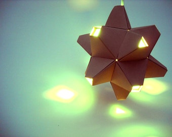 Paper Origami Lamp. Tan and Aqua. 48 sides. (Polyhedra Luminaria Series)