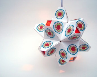 Paper Origami Lamp. Multicolor with Red and Aqua Interior. 48 sides. (Polyhedra Luminaria Series)