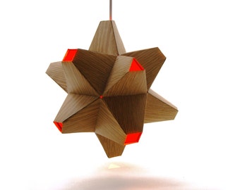 Paper Origami Lamp. Wood Grain and Orange. 48 sides. (Polyhedra Luminaria Series)