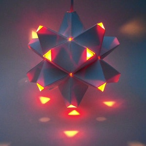 Paper Origami Lamp. White and Orange. 60 sides. Polyhedra Luminaria Series image 3