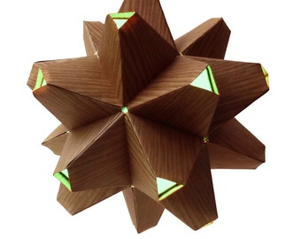 Paper Origami Lamp. Wood Grain and Aqua. 60 sides. (Polyhedra Luminaria Series)