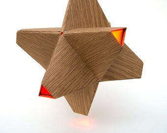 Paper Origami Lamp. Wood Grain and Orange. 24 sides. (Polyhedra Luminaria Series)