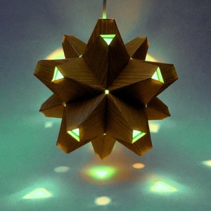 Paper Origami Lamp. Wood Grain and Aqua. 60 sides. Polyhedra Luminaria Series image 2