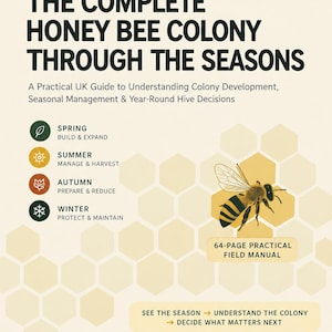 Könnte beinhalten: Ein 64-seitiges praktisches Handbuch mit dem Titel Beekeeper's Field Guide 03: The Complete Honey Bee Colony Through the Seasons. Das Cover zeigt eine Honigbienen-Illustration, eine saisonale Managementliste und einen cremefarbenen Hintergrund.