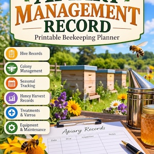 Puede incluir: Un planificador de apicultura imprimible titulado Apiary Management Record con secciones para registros de colmenas, gestión de colonias, seguimiento estacional, cosecha de miel, tratamientos y equipo, con un formulario y un bolígrafo.