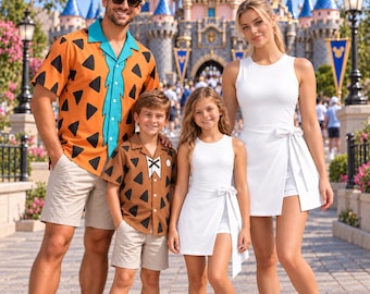 Flintstones Family Matching Halloween Costume, Hawaii Shirt & Wrap Skort Dress, Fred Wilma Stone Age Caveman Outfit