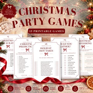Peut inclure: Un ensemble de 15 jeux de fête de Noël imprimables sur 19 pages, avec du texte rouge foncé sur papier blanc. Les feuilles incluent des titres comme Holiday Hot Takes, Would You Rather et Christmas Confessions, décorés de petits nœuds rouges.