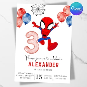 Inbjudan till Spidey 3:e födelsedag, Chibi Spidey-inbjudan, Spider-Man Boys födelsedagsfest, redigerbar Canva-mall, digital inbjudan