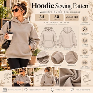Oversized Hoodie Sewing Pattern PDF | Women’s Hoodie Pattern | Pullover Hoodie Pattern | Printable A4 A0 US Letter
