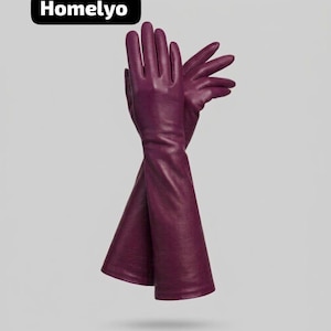 May include: A pair of long, deep purple leather gloves with a smooth finish. The gloves extend past the wrist, featuring a classic five-finger design. The text Homelyo is visible in the upper left corner against a plain, light grey background.