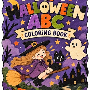 Peut inclure: Un livre de coloriage intitulé My Halloween ABC avec un fond violet orné de chauves-souris, d'étoiles et d'un croissant de lune. La couverture montre une personne portant un chapeau de sorcière et une cape violette sur un balai.