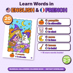Könnte beinhalten: Ein zweisprachiges Halloween-Malbuch für Kinder von 3-7 Jahren mit 20 Seiten. Das Cover zeigt eine Cartoon-Illustration einer Hexe, einer Katze und eines Geistes beim Picknick mit Kürbissen sowie Vokabellisten auf Englisch und Französisch.