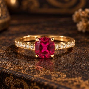 Anel de noivado com rubi lapidado em almofada, aro cravejado de diamantes, solitário em estilo vintage (7 mm)