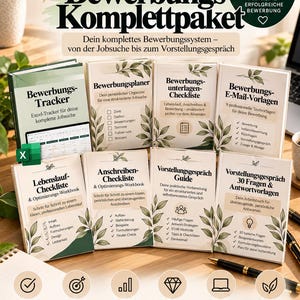 Może przedstawiać: Cyfrowy zestaw aplikacyjny o nazwie Premium Bewerbungs-Komplettpaket liczący 106 stron. Zawiera tracker, planer, listy kontrolne, szablony e-mail i przewodniki po rozmowach kwalifikacyjnych, ozdobione ilustracjami liści i tekstem.