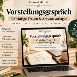 Könnte beinhalten: Ein digitales Arbeitsbuch mit dem Titel Vorstellungsgespräch 30 häufige Fragen & Antwortvorlagen auf einem Laptop-Bildschirm. Das Dokument umfasst 36 Seiten mit Interviewfragen, Antwortvorlagen, Arbeitsblättern, Checklisten und Spickzetteln.