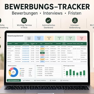 Può includere: Un tracker digitale per candidature di lavoro visualizzato su uno schermo di un portatile, con una dashboard che include tabelle, grafici e riepiloghi di stato per gestire colloqui e scadenze. L'interfaccia presenta colonne con vari dati.