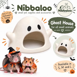Könnte beinhalten: Ein weißes, geisterförmiges Haus aus Keramik für kleine Haustiere mit schwarzen ovalen Augen und einem gewölbten Eingang. Das Bild enthält den Text Nibbaloo, Ghost House for all small animals und Available in S, M and L sowie eine Ratte und einen Hamster.