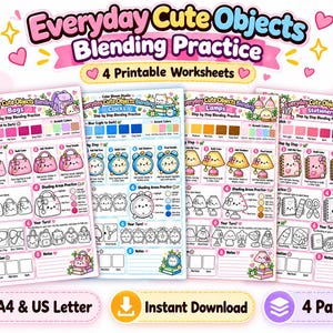 May include: Four printable worksheets titled Everyday Cute Objects Blending Practice featuring step-by-step tutorials for coloring bags, clocks, lamps, and stationery. Each page includes color swatches, shading guides, and practice areas for blending techniques.