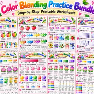 May include: A collection of eight printable worksheets titled Color Blending Practice Bundle, featuring step-by-step instructions, colour charts, and line art exercises for practising colour blending, layering, pressure, and gradients with coloured pencils.