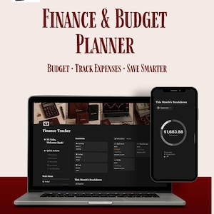 May include: A digital finance and budget planner template for Notion displayed on a laptop screen and a smartphone. The interface features a dark theme with sections for accounts, subscriptions, and a monthly expense breakdown with a circular chart.