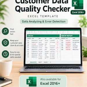 Puede incluir: Una plantilla digital de Excel para un verificador de calidad de datos de clientes mostrada en la pantalla de una computadora portátil. La interfaz muestra columnas para ID de cliente, correo, nombre, ciudad, teléfono y conteo de errores.