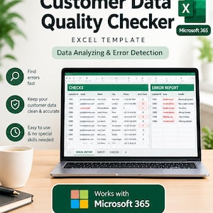 Può includere: Un modello Excel per un verificatore della qualità dei dati dei clienti visualizzato sullo schermo di un portatile. L'interfaccia mostra colonne per i dettagli dei clienti, il conteggio degli errori e un report. Testo: 'Customer Data Quality Checker'.