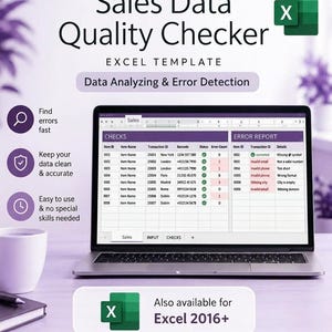 May include: An Excel template for a Sales Data Quality Checker displayed on a laptop screen. The interface shows columns for Item ID, Item Name, Transaction ID, Barcode, Status, and Error Count, alongside an Error Report table with details.
