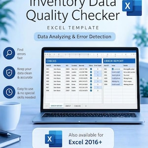 Puede incluir: Una plantilla de Excel para verificar la calidad de los datos de inventario y detectar errores en la pantalla de un portátil. La interfaz muestra columnas para ID de artículo, nombre, SKU, ubicación, código de barras, estado y recuento de errores.
