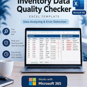 Puede incluir: Una plantilla de Excel para verificar la calidad de los datos de inventario en la pantalla de una computadora portátil. La interfaz muestra columnas para comprobaciones e informes de errores. El texto incluye Inventory Data Quality Checker y Microsoft 365.
