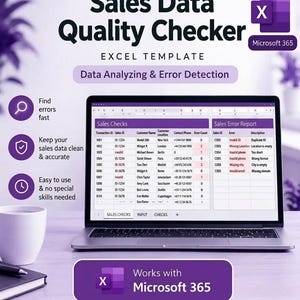 Pode incluir: Um modelo de Excel para um verificador de qualidade de dados de vendas exibido na tela de um laptop. A interface mostra tabelas de verificações de vendas e um relatório de erros com detalhes em roxo e o logotipo do Microsoft 365.