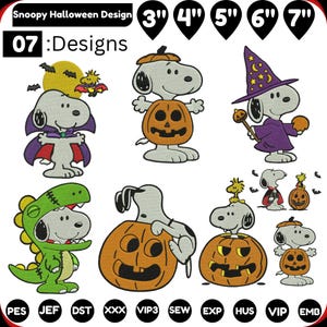 May include: A collection of Snoopy Halloween embroidery designs featuring the character in various costumes including a vampire, a pumpkin, a wizard, and a dinosaur. The image displays sizes 3", 4", 5", 6", and 7" with file formats PES, JEF, DST, XXX, VIP3, SEW, EXP, HUS, VIP, and EMB.