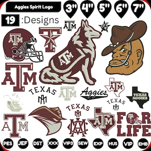 May include: A collection of 19 Aggies Spirit Logo embroidery designs in maroon, white, and brown. Features include a football helmet, a wolf, a mascot in a hat, the letters ATM, Texas outlines, and the text Aggies For Life, with sizes 7.6 to 17.8 cm.