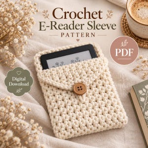 May include: A cream-colored crochet e-reader sleeve with a single brown wooden button closure. The sleeve contains a black e-reader device. Text on the image reads: Crochet E-Reader Sleeve PATTERN, PDF, and Digital Download.