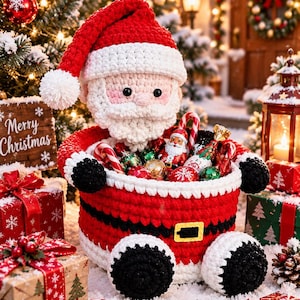 May include: A crocheted Santa Claus basket featuring a red and white hat, a white beard, and a red body with a black belt and yellow buckle. The basket is filled with various wrapped candies and ornaments, and has black crocheted feet at the base.