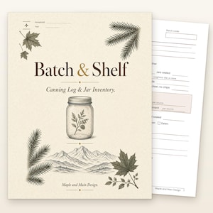May include: A cream-colored canning log and jar inventory planner titled Batch & Shelf. The cover features a central mason jar illustration, mountain range, maple leaves, and pine needles. The text includes Household, Year, and Maple and Main Design.