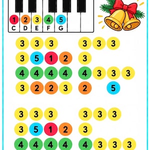 May include: A Jingle Bells music sheet featuring a piano keyboard diagram with numbered color-coded keys from 1 to 5 corresponding to notes C through G. The page includes a graphic of two gold bells with a red bow and rows of colored circles.