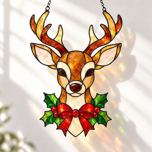 Reindeer Stained Glass Pattern, Christmas Suncatcher Template, Holly Bow Antlers Window Panel, Digital Download SVG PDF