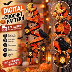 May include: A digital crochet pattern for a Halloween-themed hanging spiral decoration featuring a yellow crescent moon, gold stars, orange and black spiral, maple leaves, a black crow, and miniature lanterns with glowing orange lights.