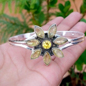 Cluster Gemstone Bangle* Yellow Citrine Cuff Jewellery* 925 Sterling Silver* Marquise Bangle* Handmade Flower Jewelry* Gift for Valentine,