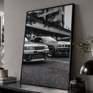 Póster del Nissan Skyline, arte automovilístico en blanco y negro, arte mural de coches deportivos JDM, coche deportivo japonés, descarga digital.