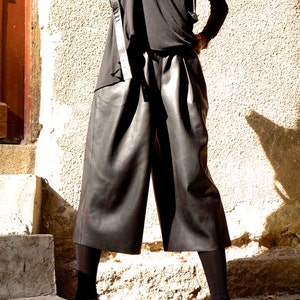 NEW Loose Eco Leather  Black Wide Capri Pants  / Cropped Pants  / Extravagant Vegan Pants with  Side Pockets  by AAKASHA A05322