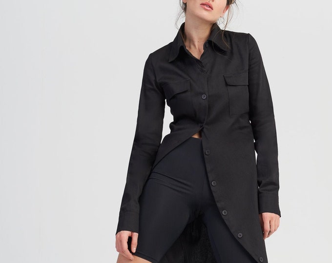 Linen Fitted Shirt with Asymmetric Tail A11989